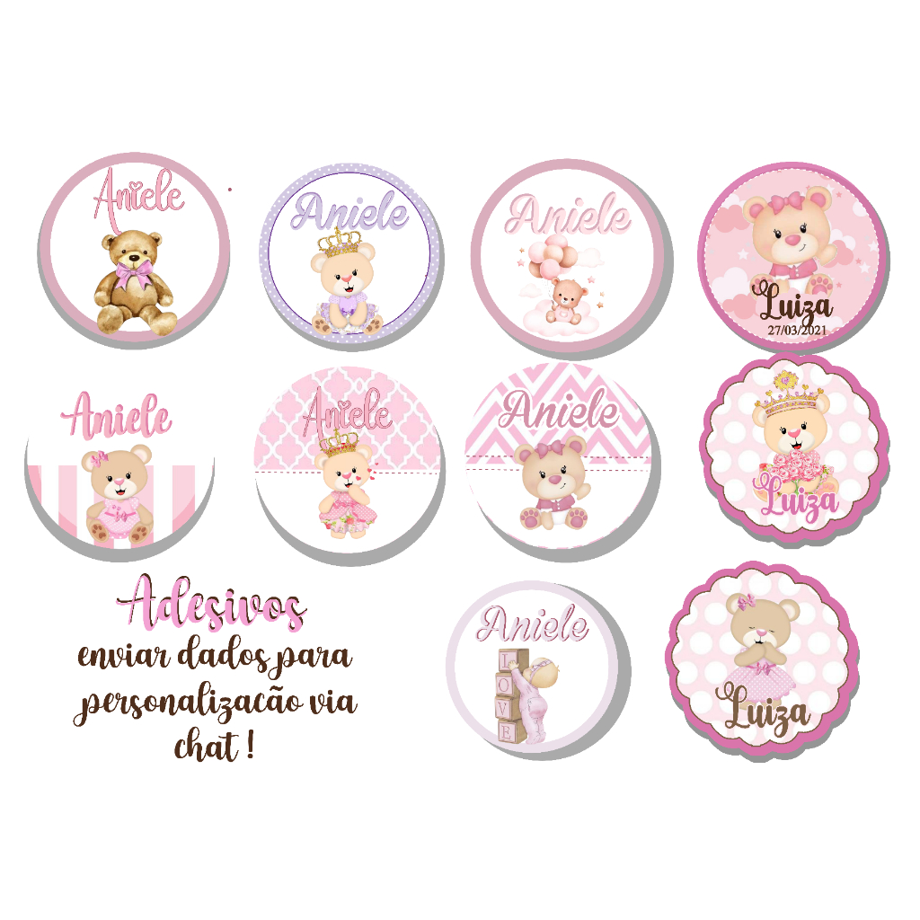Adesivos Urso Baby Menina Lilas Princesa Coroa Rosa Redondo 4x4 Personalizado para Lembrancinhas Etiqueta adesiva