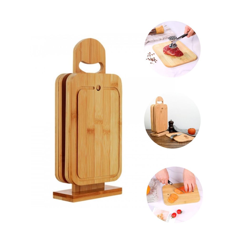 Kit 4 Tábuas Churrasco Bambu 5 pçs 1 Suporte Lazer Cortar Carne Churras Jardim Quintal Restaurante Almoço Casa