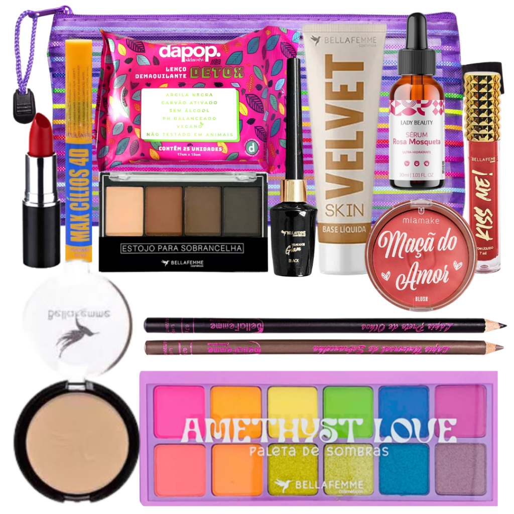 Kit Maquiagem Paleta Sombra Rímel Base Batom Matte Pó