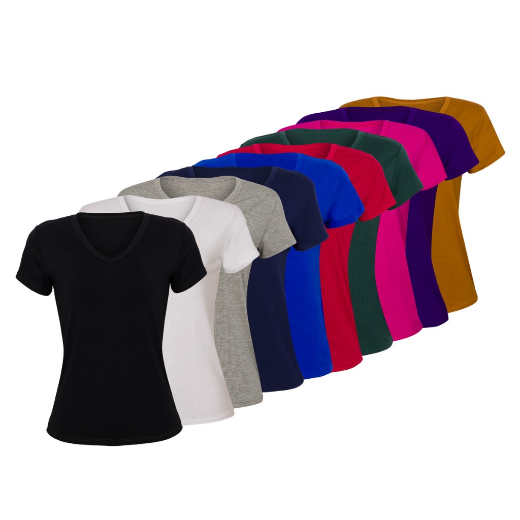 Kit 10 Blusas Camiseta Baby Look Gola V Manga Curta Lote Aproveite