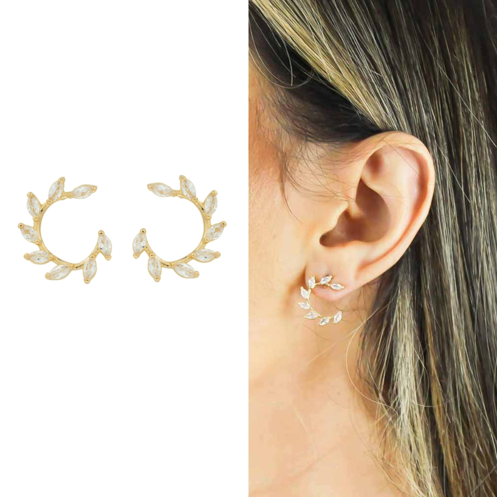 Brinco Folha Pedras Zircônias Semi Joia Banhado Ouro 18k Presente Mae Esposa