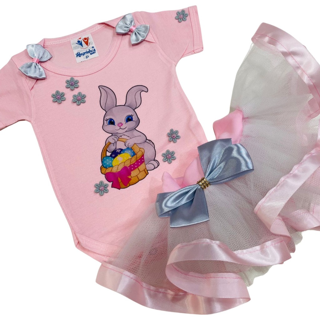 Conjunto Infantil Roupa Páscoa Bebê Menina Body Rosa Coelhinha e Saia Tutu