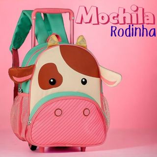 Mochila De Rodinha Infantil Carrinho Com Alça Bolso Vaca Menina Escola Creche Passeio
