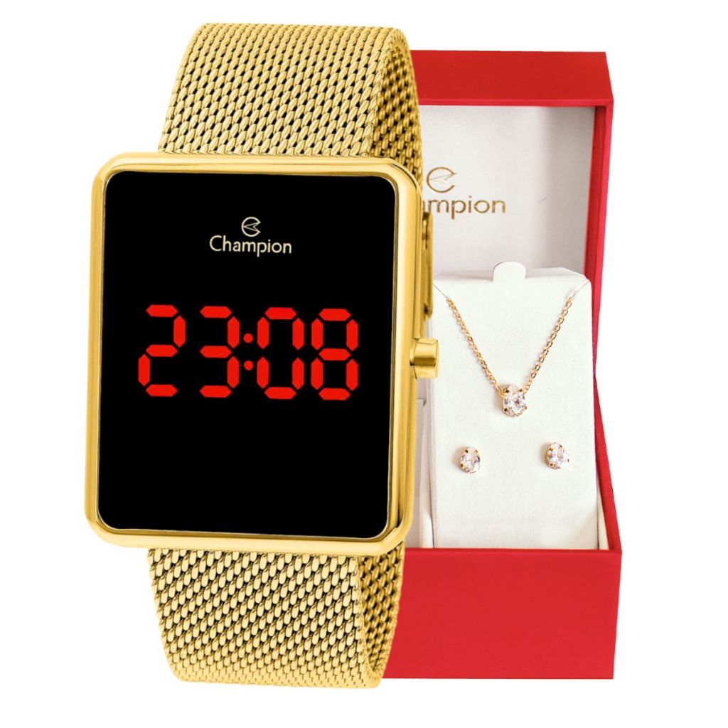 Relógio Champion Feminino Digital Quadrado Dourado + Kit Colar e Brincos Original Presente Moda Gift Aniversário Tendência Estilo Mulher Esposa Namorada Mãe Barato CH40080V - Watches