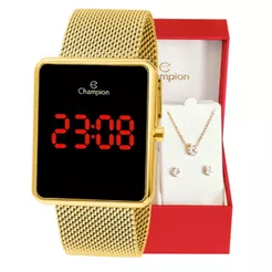 Relógio Digital Feminino Quadrado Dourado Champion Original + Conjunto Colar e Brinco CH40080V