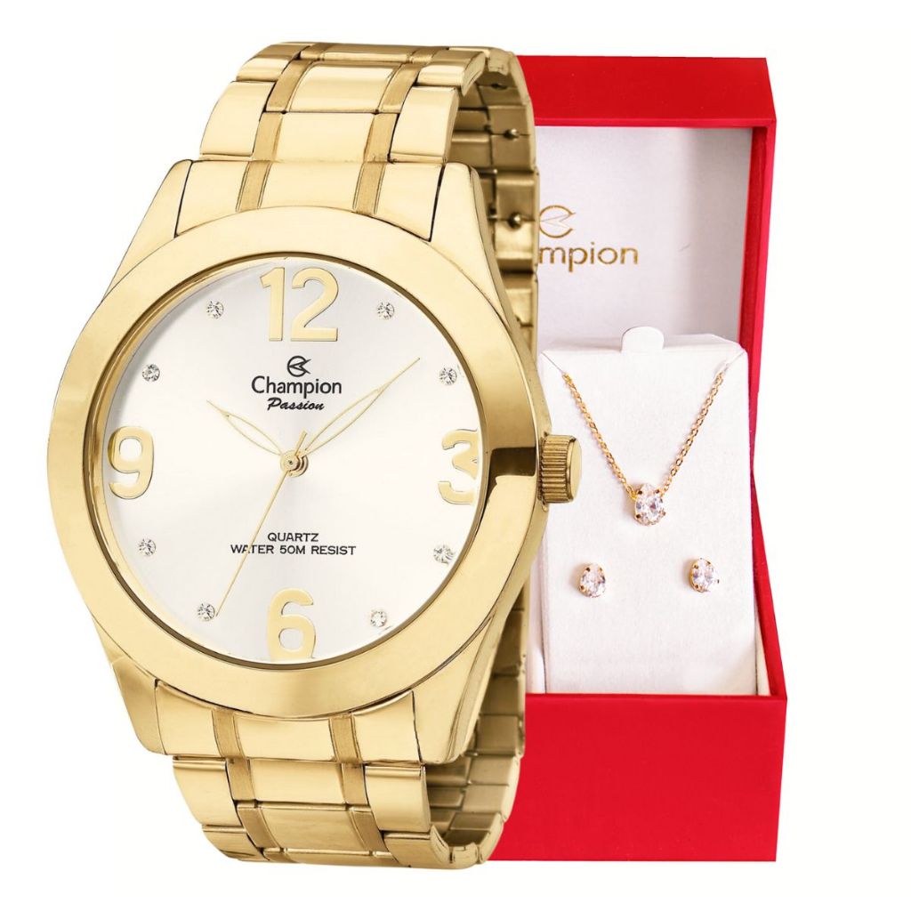 Relógio Champion Feminino Dourado Analógico + Kit Colar e Brincos À Prova D'Água CH24268D – Presente Moda Estilo. em Oferta na Shopee
