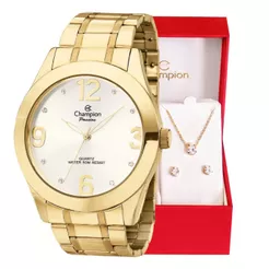 Relógio Champion Feminino Dourado Analógico + Kit Colar e Brincos À Prova D'Água CH24268D – Presente Moda Estilo.