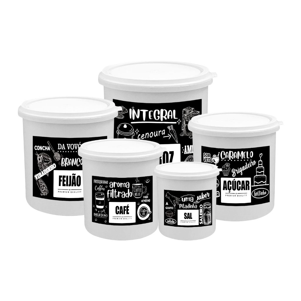 Kit 5 Potes de Mantimentos Plástico Decorado Branco PB Frases