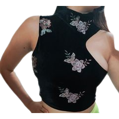 Blusa Cropped Lais Veludo Gola alta flor bordada  croped aveludado com bordado