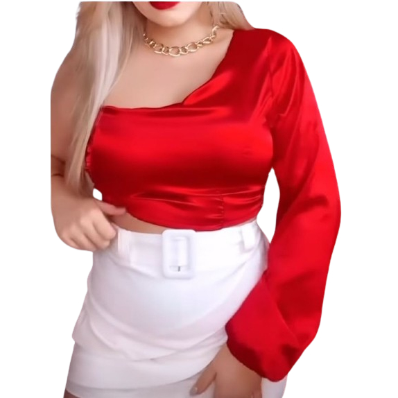 Top Cropped um Ombro Só Mula Manca Moda Gringa Cetim com Elastano