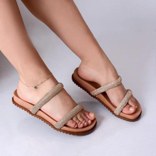 Sandália Feminina Papete Birken Strass Tira Larga Pedraria Muito Brilho BRILHANTE Envio Imediato