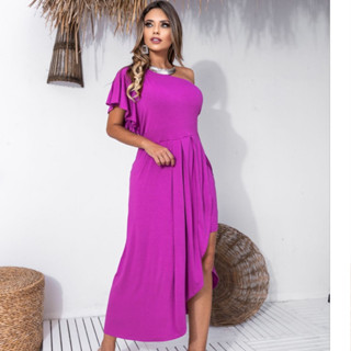 Vestido Feminino Midi Ombro Só Saia Drapeada com Fenda Lateral Malha Viscolycra Promoção