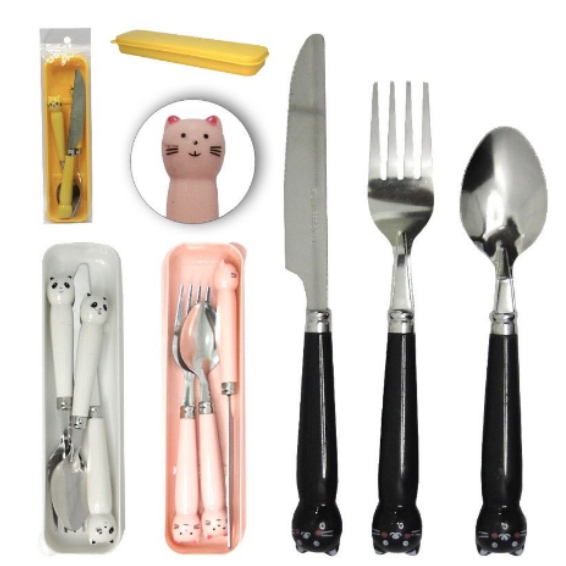 Conjunto Talher Animais inox Colher ,Garfo e faca Infantil de Gatinho cabo de plástico acompanha estojo para armazena