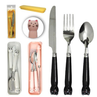 Conjunto Talher Animais inox Colher ,Garfo e faca Infantil de Gatinho cabo de plástico ac…
