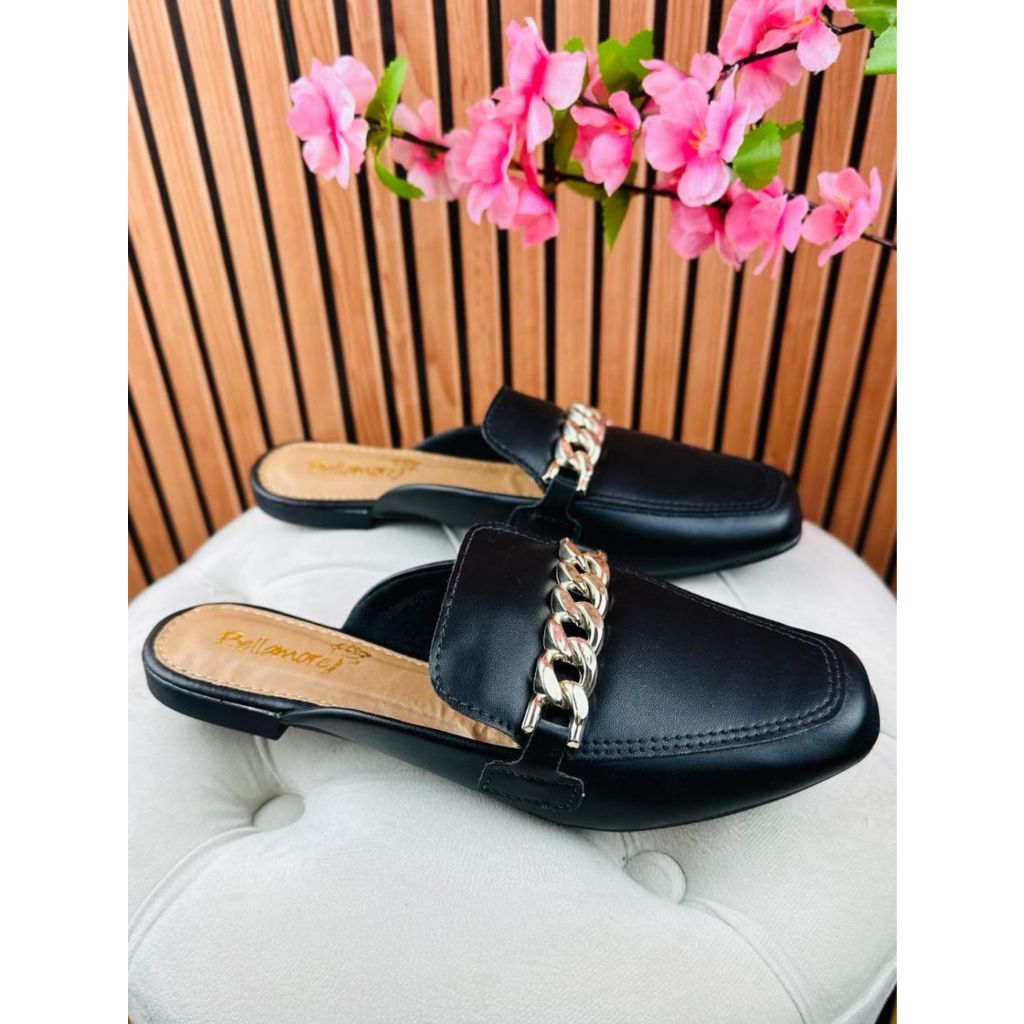 Mule Feminino Bico Quadrado Com Enfeite de Corrente Solado Macio Nao Escorrega