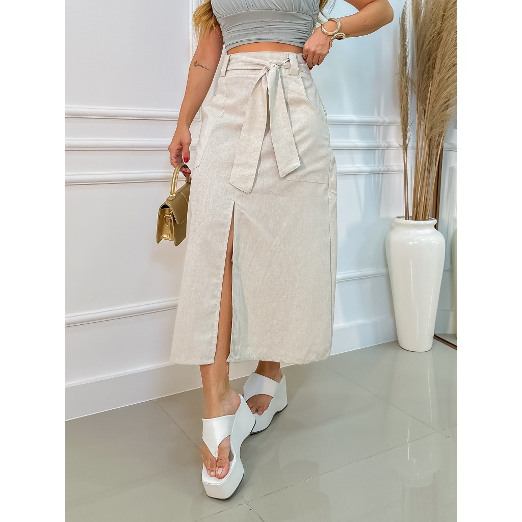 EMILI Saia Feminina Midi Linho Cinto/Fenda na Frente/ Linho/ Passante com Tecido da Saia. - S782 em Oferta na Shopee