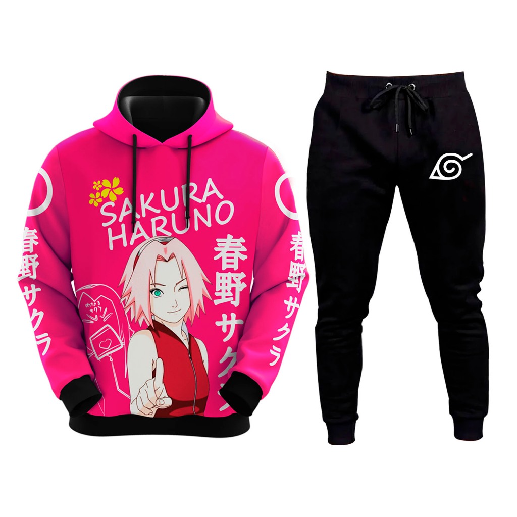 Conjunto De Moletom Adulto E Infantil Sakura Anime Rosa Naruto