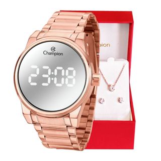 Relógio Champion Feminino Digital Espelhado Rosê + Kit Colar e Brincos Origina CH40124M em Oferta na Shopee