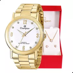 Relógio Feminino Analógico Champion Dourado À Prova D'Água Original + Colar e Brinco CN29025W Relógio Feminino