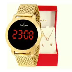 Relógio Feminino Champion Digital Dourado à prova d'água + Kit Colar e Brincos, CH40106H Relógio De Pulso Feminino