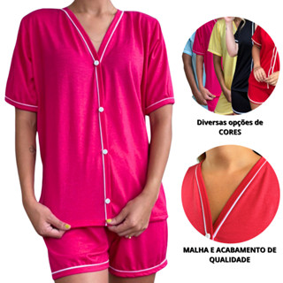 Pijama Americano Verão Modelo Manga curta e Short Botão Baby Doll Blogueira Pijama Gestante Malha Diversas Cores