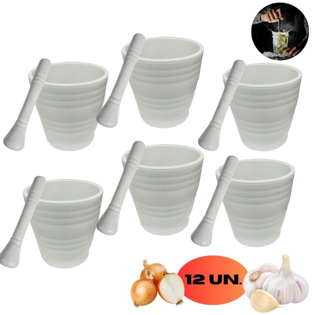 Kit 12 Peças C/ 06 Pilao + 06 Socador Alho Caipirinha Cebola Branco Cozinha Plastico Resistente Grande Premium Pístilo Branco