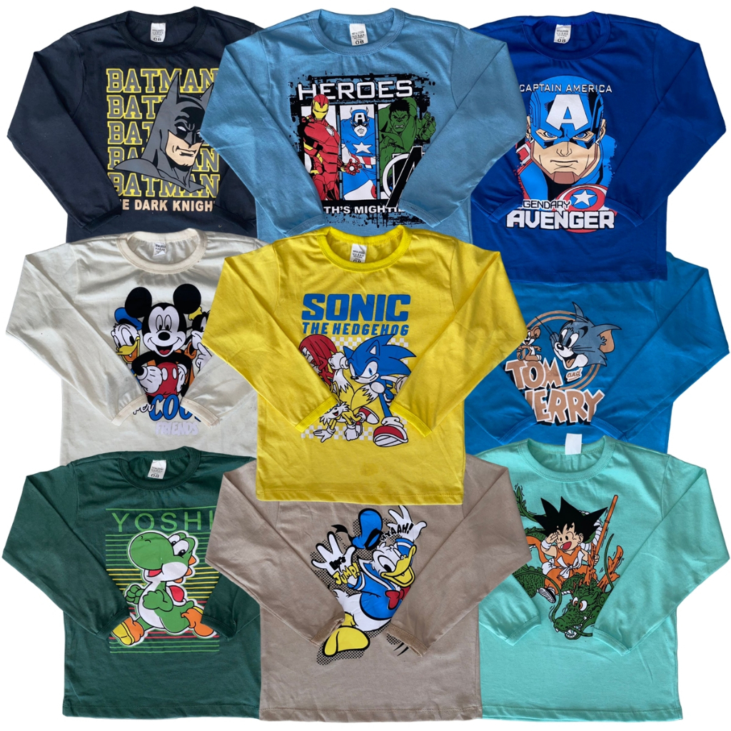 Kit 5 Camisetas Infantil Sortidos Desenho Manga Longa Menino Inverno 2 à 8 Anos
