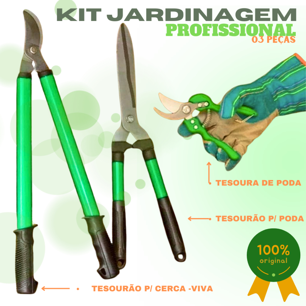 Combo Jardinagem Profissional c/ Conjunto de 03 Tesouras para Poda. Tesourão para Cercas-Vivas, Tesourão p/ Jardinagem e Tesoura de poda.