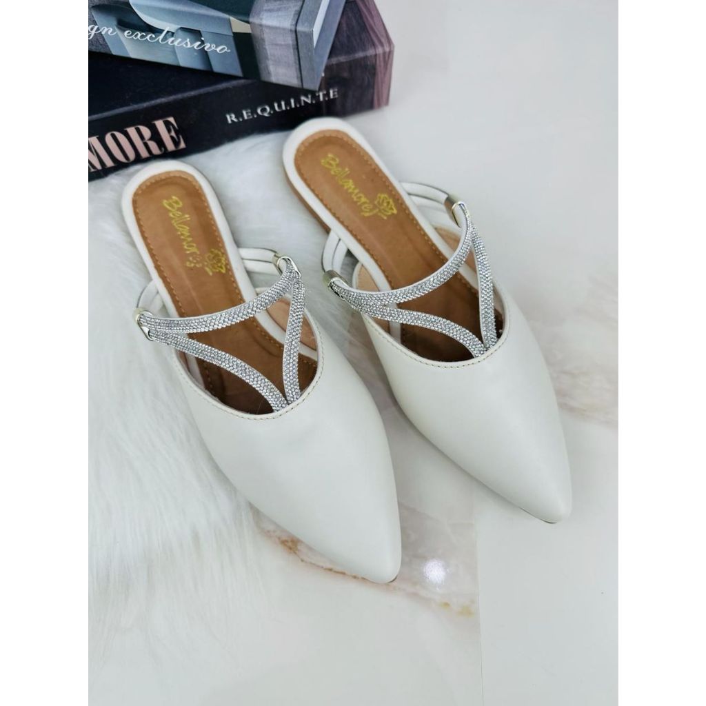 Mule Feminino Bico Fino Com Strass Duas Opções De Usar Tendência Inverno 2024 Cores Preto,Offwhite