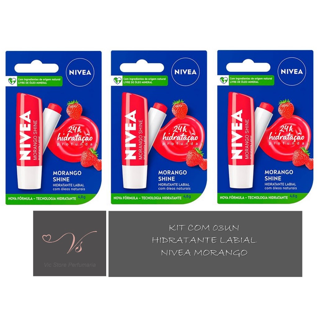 Kit com 03un Protetor Nivea Hidratante Labial Morango - 4,8g