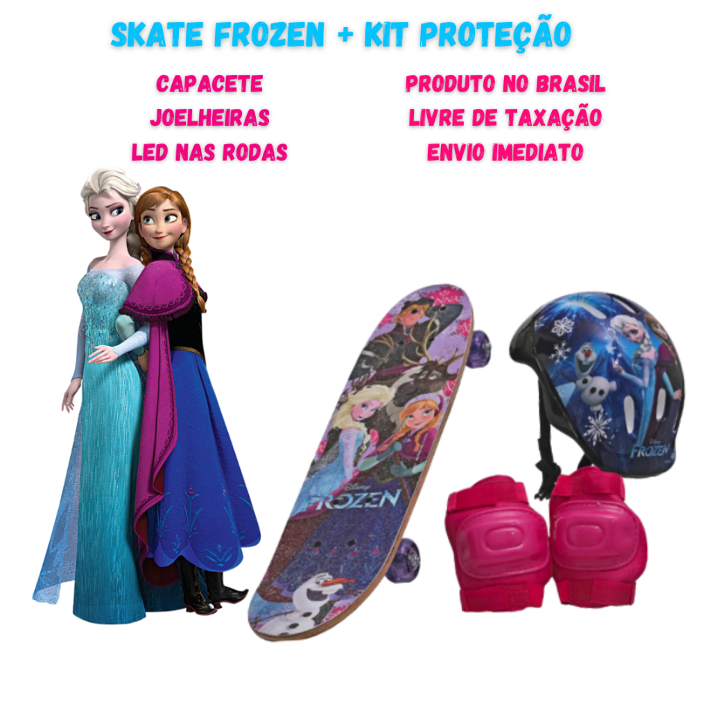 Skate Frozen + Kit Proteção Com Capacete e Joelheira com Rodas de Gel Com Led Prancha Com Lixa Antiderrapante + Entrega todo Brasil