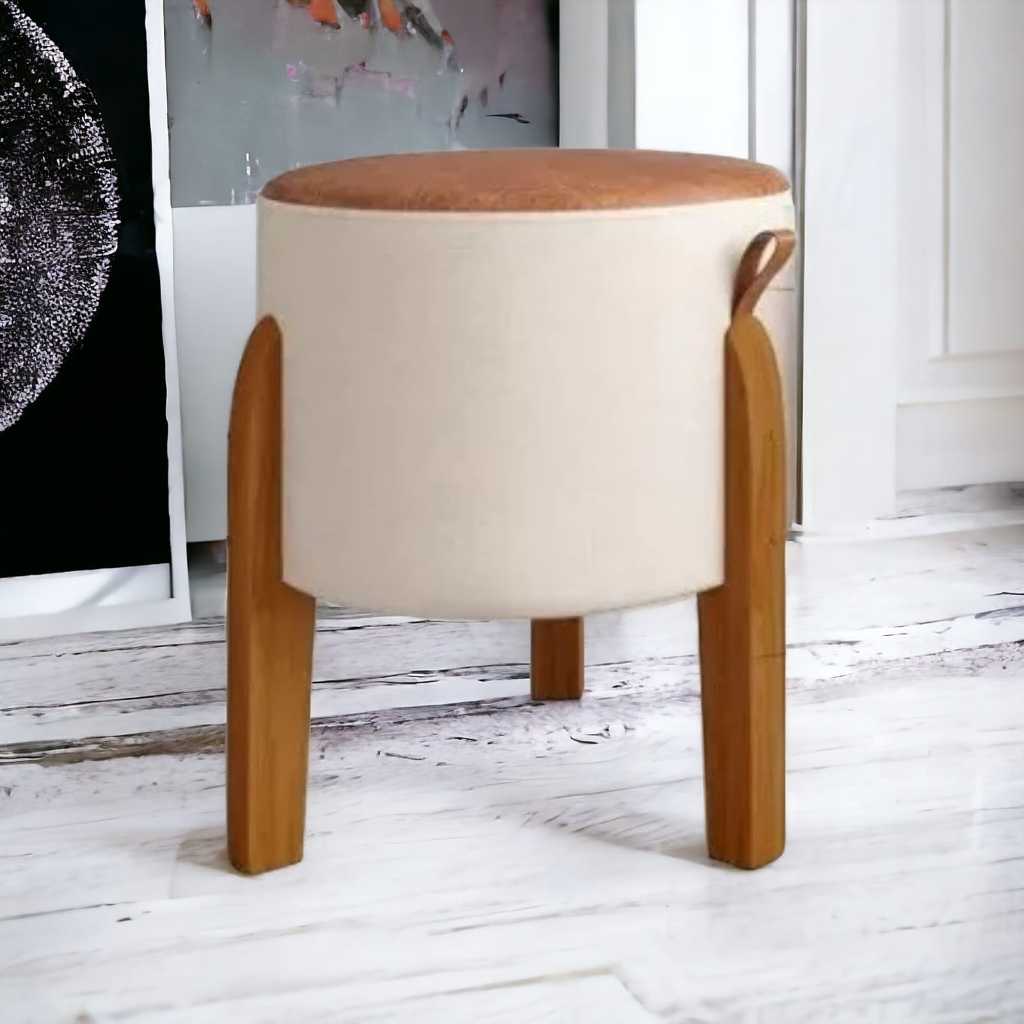 Puff luma linho e couro sintético Pés madeira maciça em Oferta na Shopee