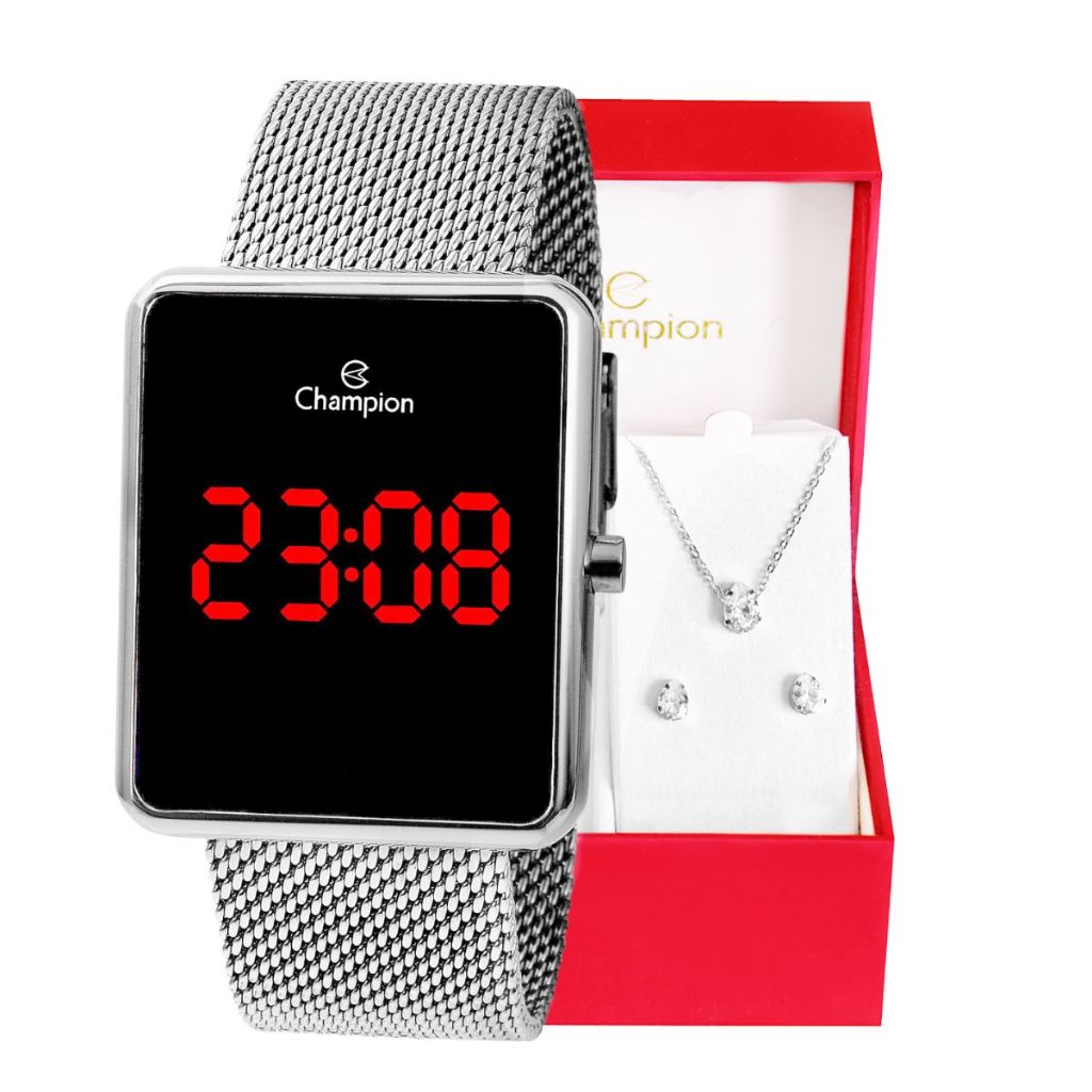 Relógio Champion Feminino Digital Quadrado Prata + Kit Colar e Brincos Original Mãe Barato CH40080T em Oferta na Shopee