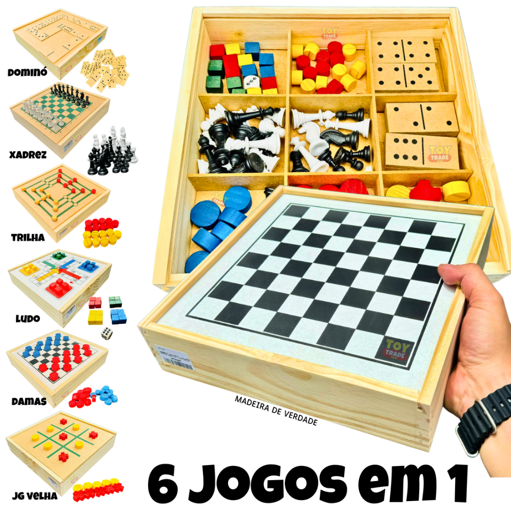 Jogos 6x1 Dama, Jogo Da Velha, Ludo, Trilha, Dominó e Xadrez 6 em 1 Jogos de Tabuleiro Jogo de Mesa