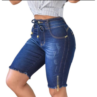 Bermuda ciclista cintura alta com ziper na lateral em Oferta na Shopee