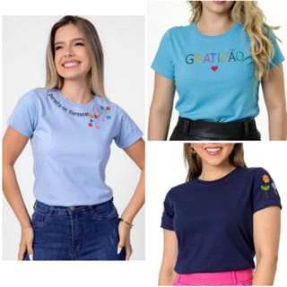 Blusa Bordada Feminina Evangélica T-shirt Algodão Manga Curta Gola Ribana