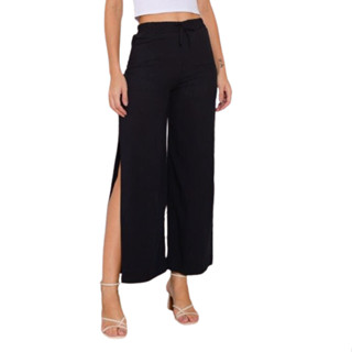 Calça Feminina Pantalona Com Fenda Cintura Alta Luxuosa
