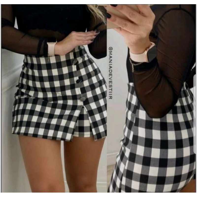 lançamento short saia feminino bengaline xadrez verão tendência moda
