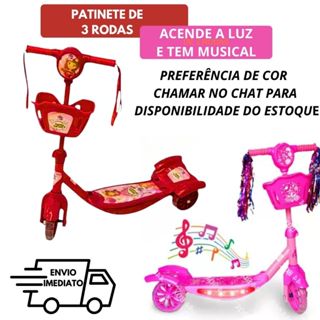 Patinete Infantil Musical 3 Rodas Rosa e Vermelho Para Menina