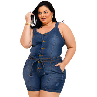 Macaquinho Plus Size Cintura Alta Jeans Feminino com Botões na frente
