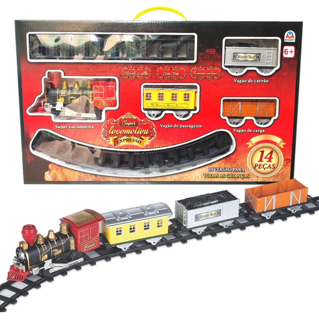 Super Locomotiva Expresso Braskit Trenzinho Elétrico Ferrorama Luz E Som Trem 3,3 Mts De Trilho