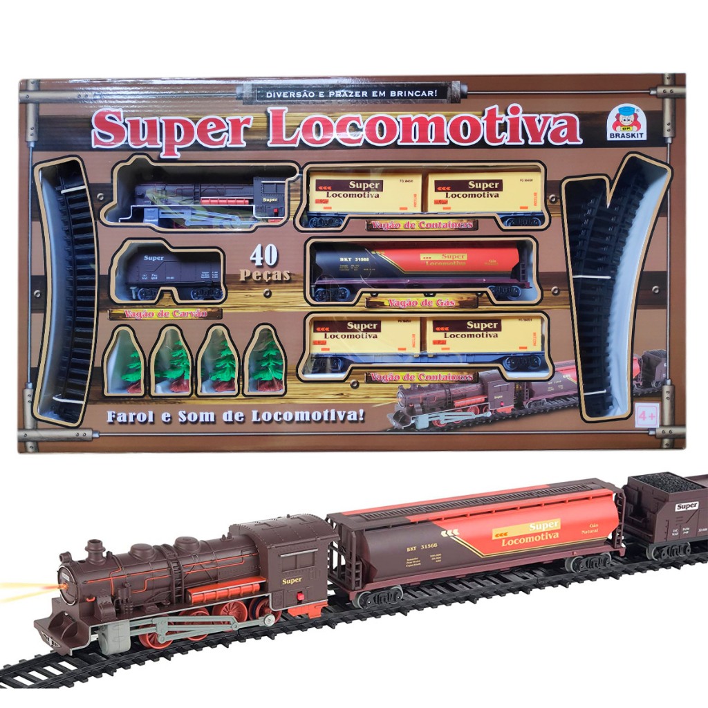 Super Locomotiva Braskit 40 Pcs Trenzinho Ferrorama Farol E Som De Trem