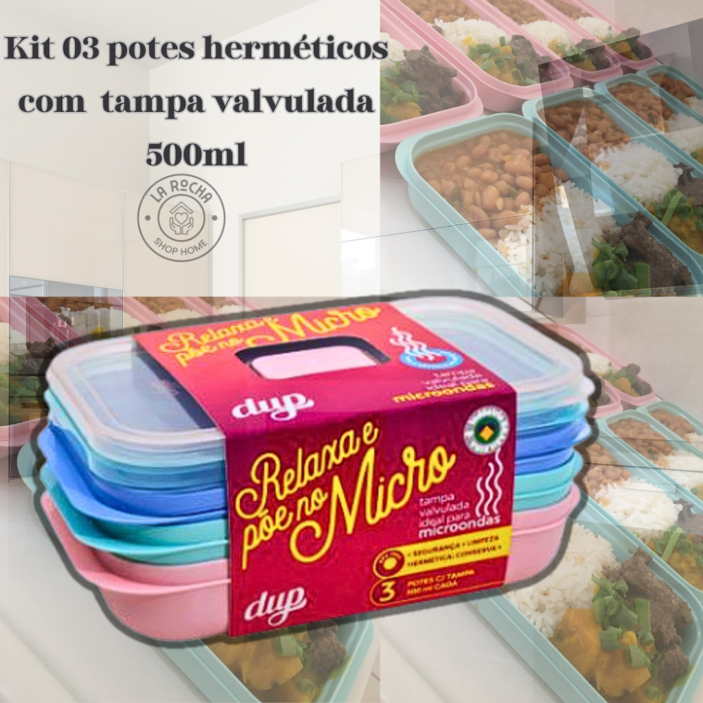 Kit 3, 6 e 9 Potes Herméticos Marmita para Microondas Dup tampa c/Válvula Tapuer Vasilha 500ml BPA