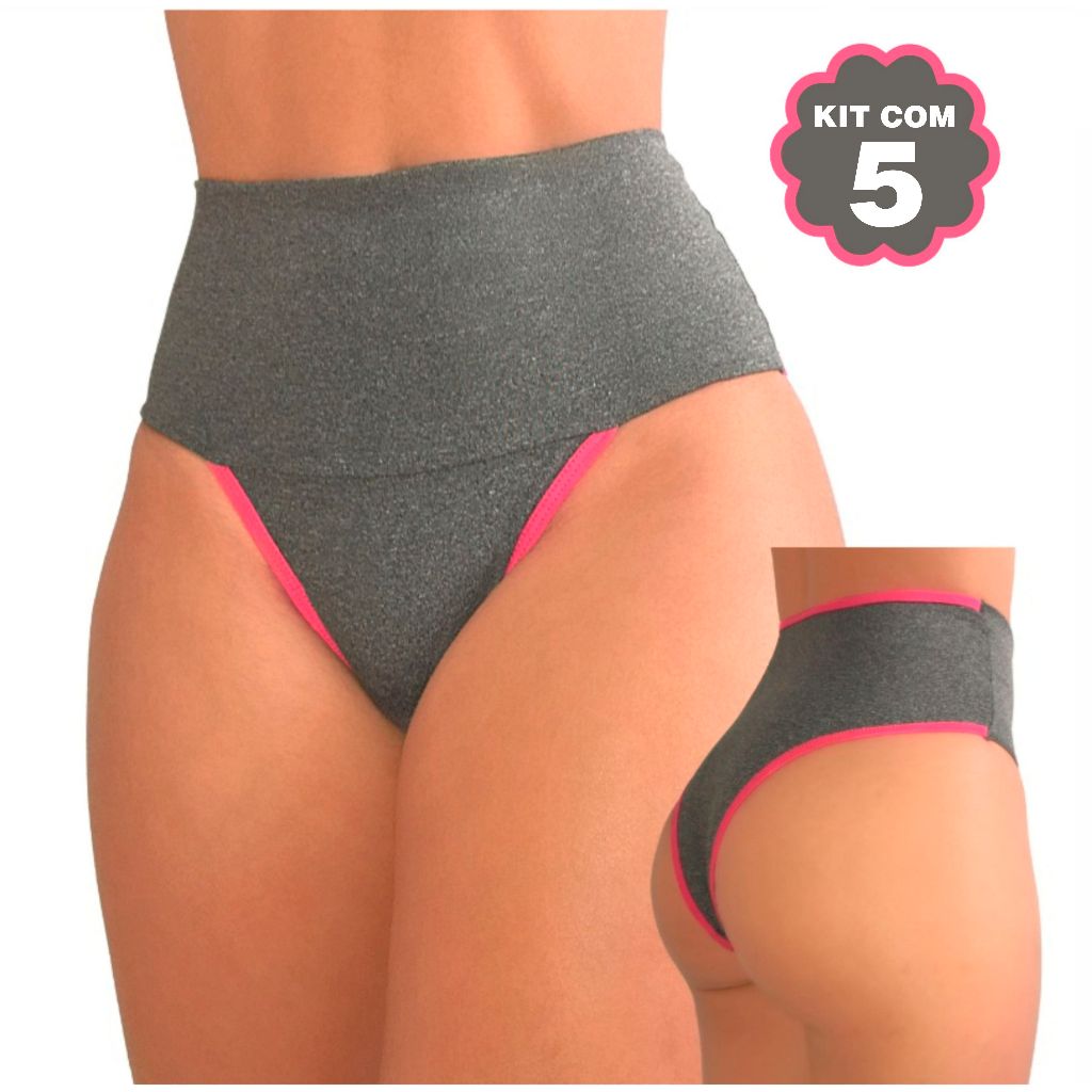 KIT 5 Calcinhas Fitness Segura Barriga Modeladora Cós Alto Calcinha Seca Barriga Feminina Microfibra Mescla Compressão