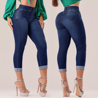 Calça Feminina Jeans Capri Cintura Alta Levanta Bumbum Com Elastano Laycra Calça com Cordão