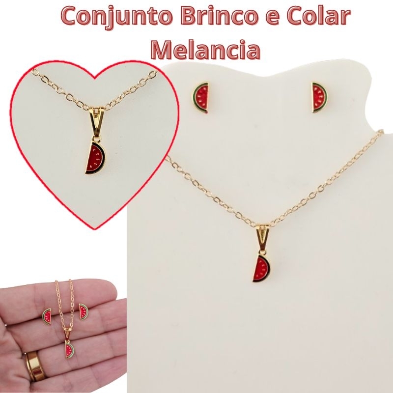 Conjunto Brincos e Colar Folheado Melancia Folheado
