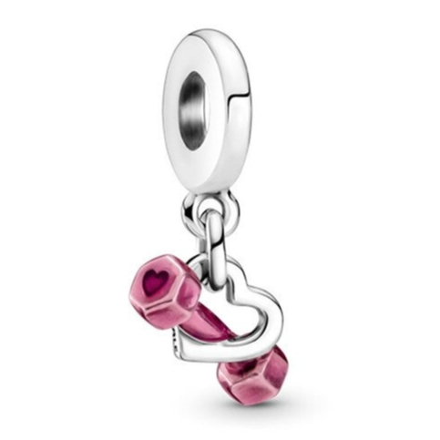 Berloque 100% prata 925 no formato de halter/haltere/peso de academia rosa com coração prata cod 8