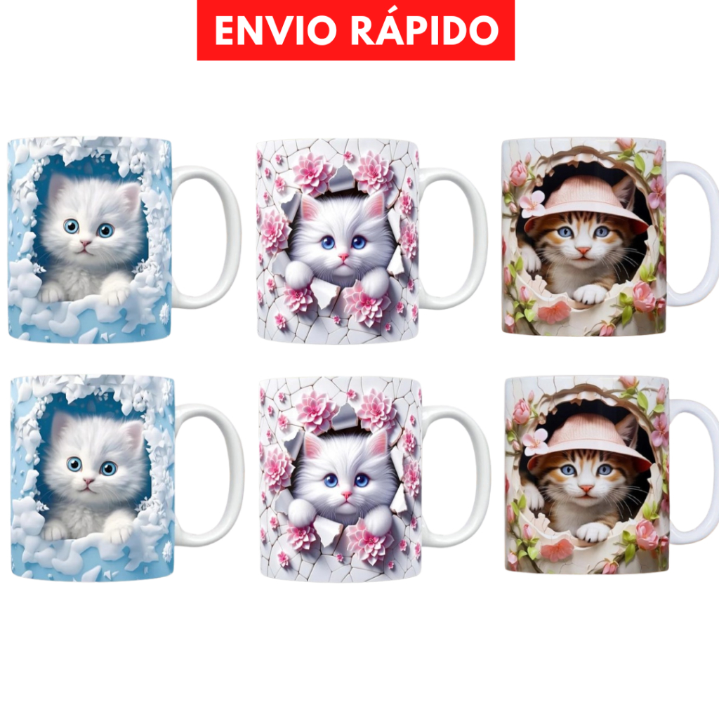 Kit com 6 Canecas Gatinho personalizada impressão realista / caneca ceramica/ caneca estilo 3d Gatinho