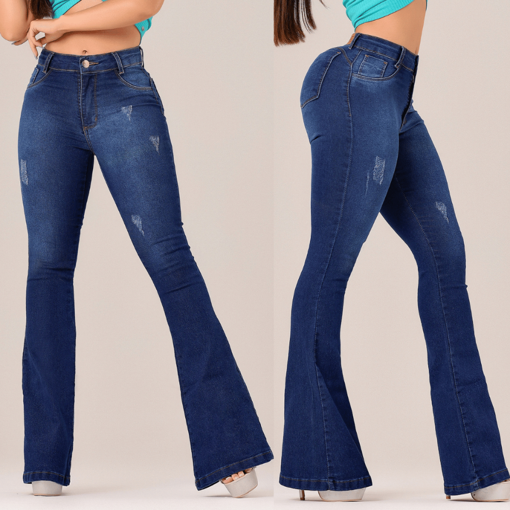 CALÇA FLARE JEANS FEMININA  com detalhes cintura alta lenvanta bumbum em Oferta na Shopee