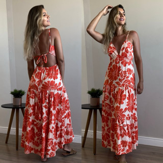 Vestido longo Feminino verão estampa farm costa nua alça amarrar